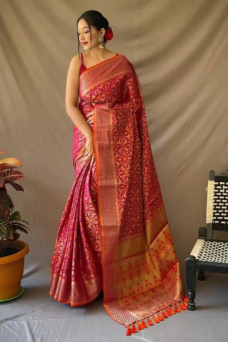 Royal Rani Pink Patola Silk Saree with Intricate Floral Weaving & Tassel Pallu