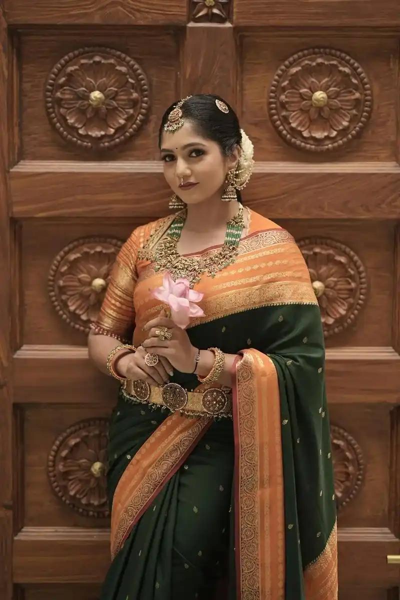 Royal Emerald Green Mysore Silk Saree with Peach Gold Zari Border
