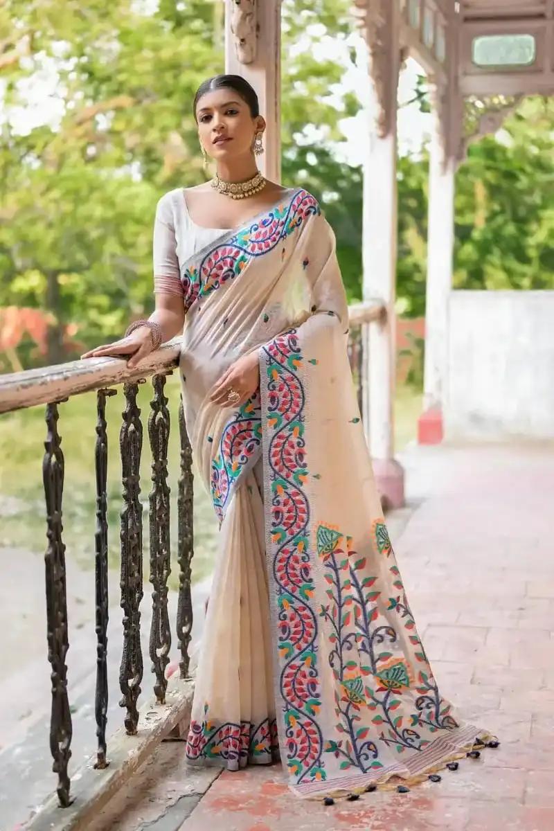 Elegant Ivory Muga Silk Saree with Multicolor Floral Woven Border