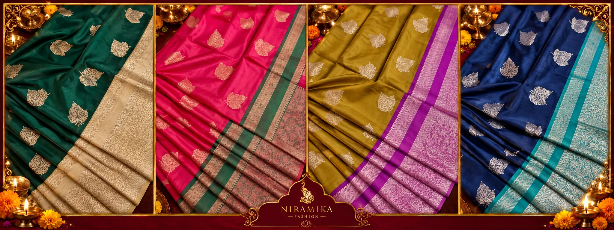 Woman wearing a silk saree with gold border for Diwali celebration