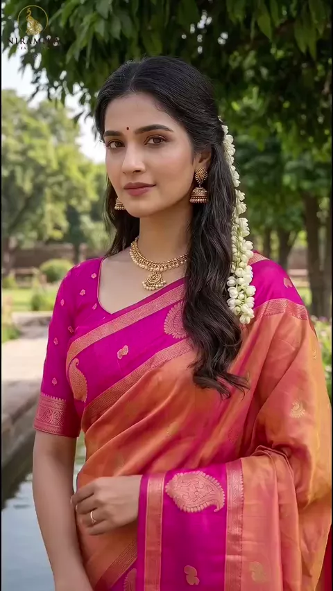 Peach Orange Silk Saree with Magenta Pink Zari Border & Paisley Butta