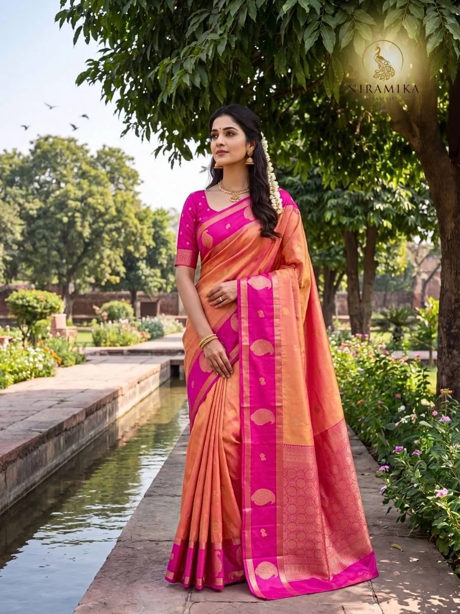Peach Orange Silk Saree with Magenta Pink Zari Border & Paisley Butta Peach Orange Silk Sarees saree by Niramika Fashion