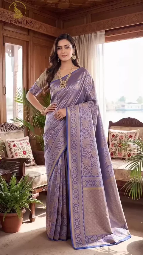 Periwinkle Blue Dharmavaram Silk Saree with All-Over Gold Zari Floral Jaal