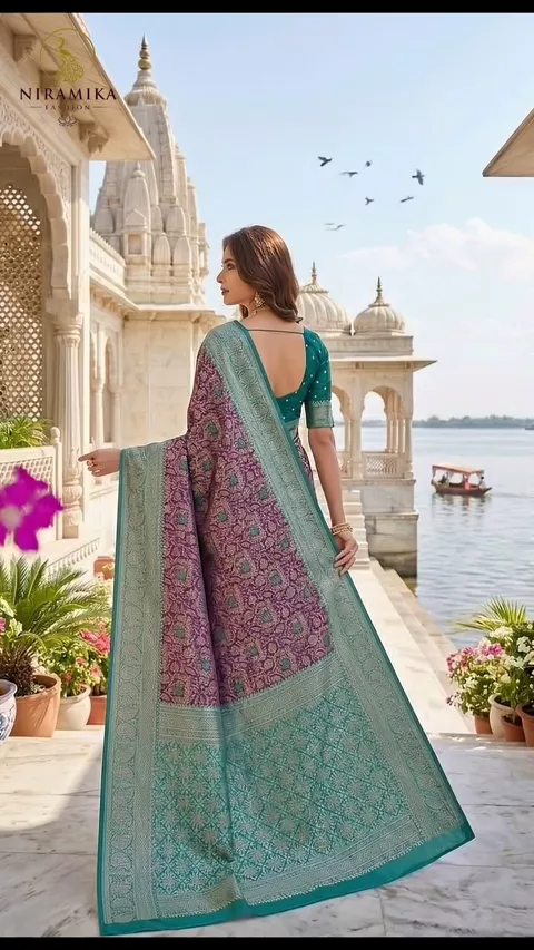 Dharmavaram Silk Saree in Royal Grape with Teal Zari Border & Paisley Pallu