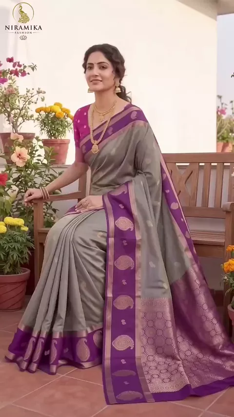 Steel Grey Dual Tone Silk Saree with Deep Purple Zari Border & Magenta Blouse