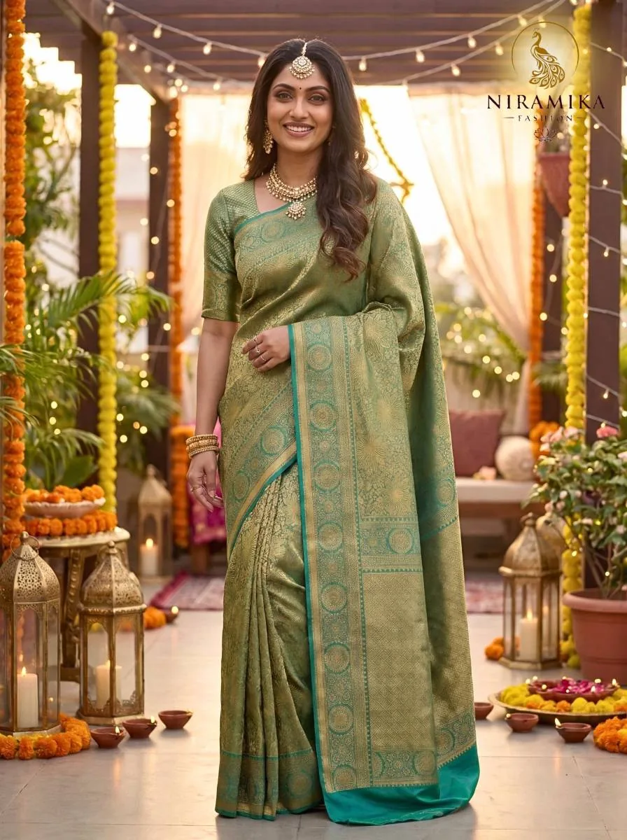 Sage Green Dharmavaram Silk Saree with All-Over Gold Zari Floral Jaal Sage Green Silk Sarees saree by Niramika Fashion
