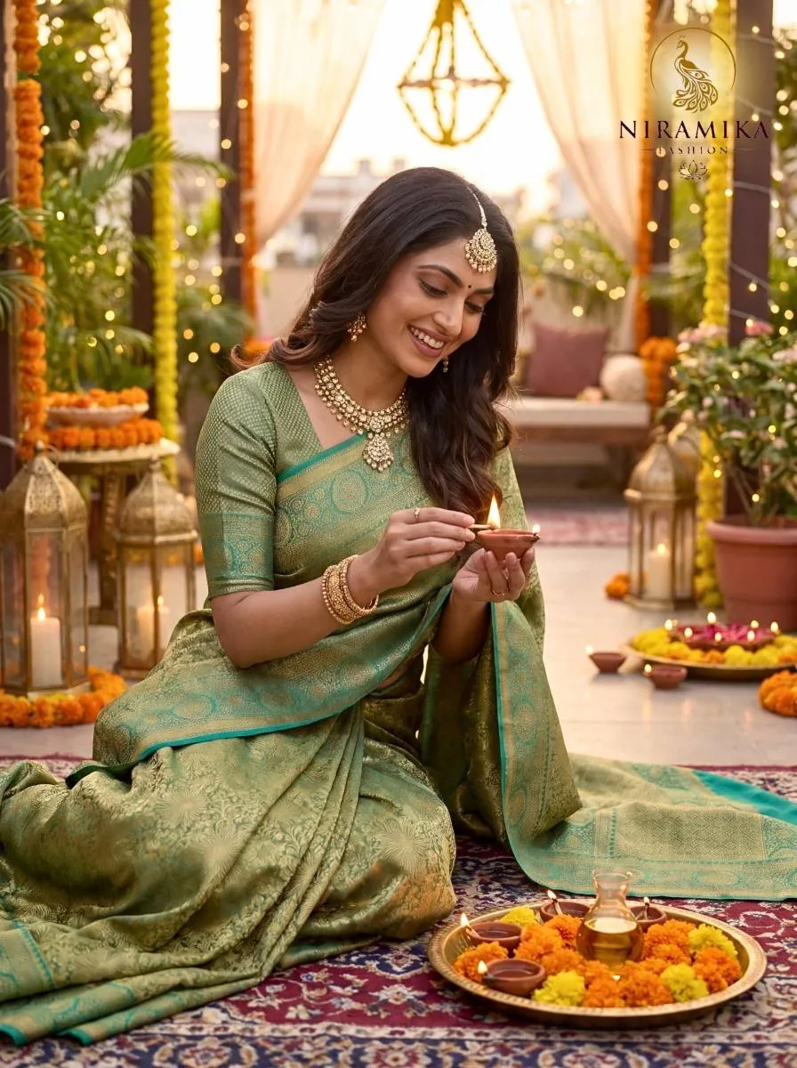 Sage Green Dharmavaram Silk Saree with All-Over Gold Zari Floral Jaal Sage Green Silk Sarees saree by Niramika Fashion - image 3