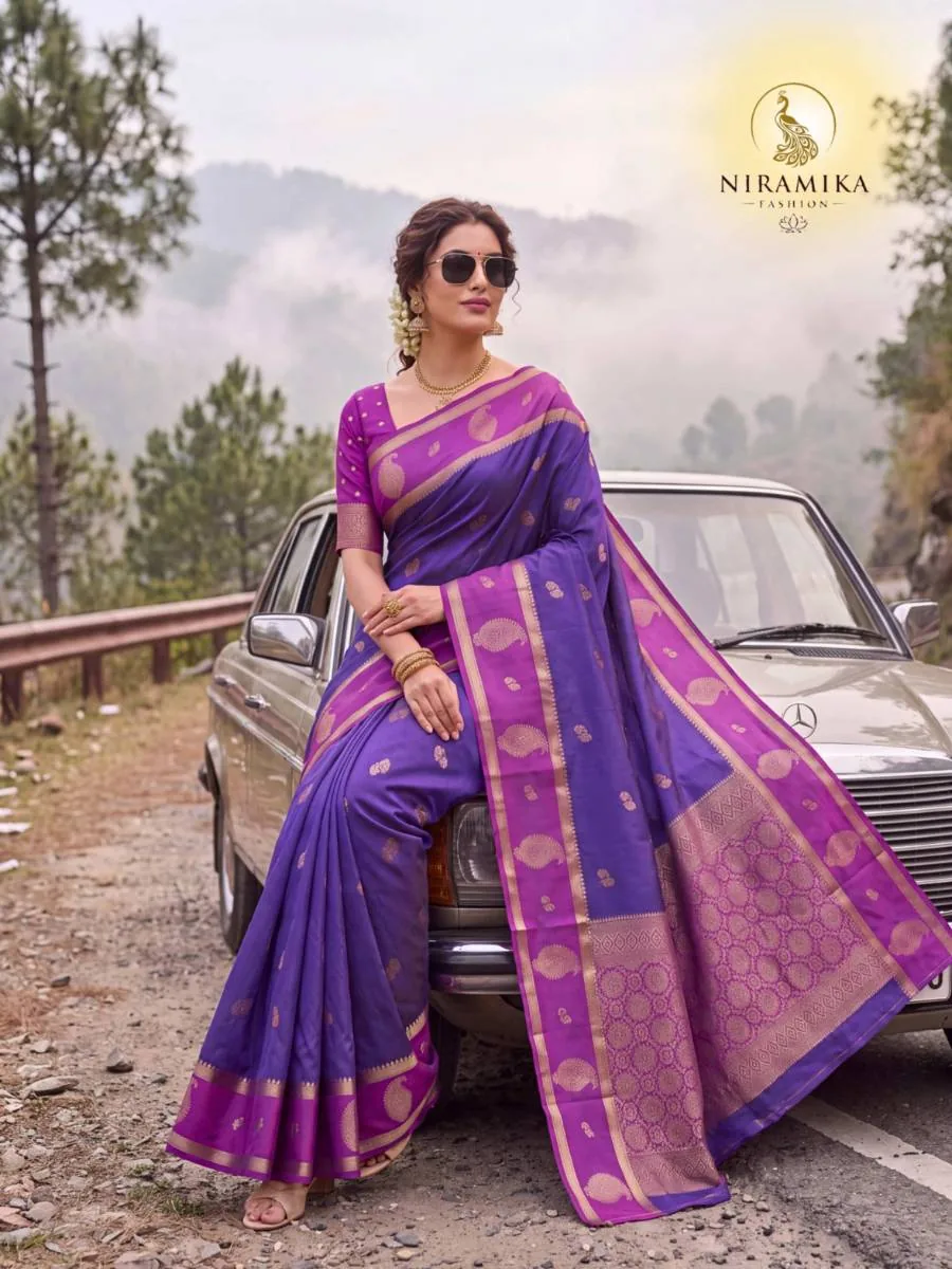 Royal Purple Silk Saree with Magenta Orchid Zari Border & Paisley Butta Royal Purple Silk Sarees saree by Niramika Fashion