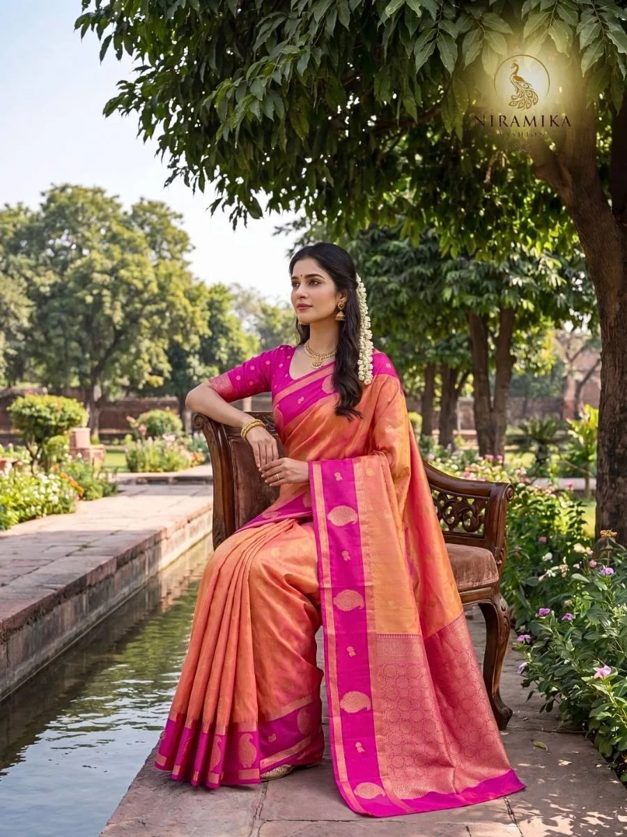 Peach Orange Silk Saree with Magenta Pink Zari Border & Paisley Butta Peach Orange Silk Sarees saree by Niramika Fashion - image 4