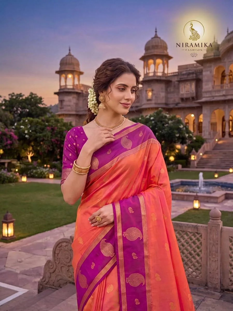 Coral Orange Silk Saree with Purple Magenta Zari Border & Paisley Butta Coral Orange Silk Sarees saree by Niramika Fashion - image 2
