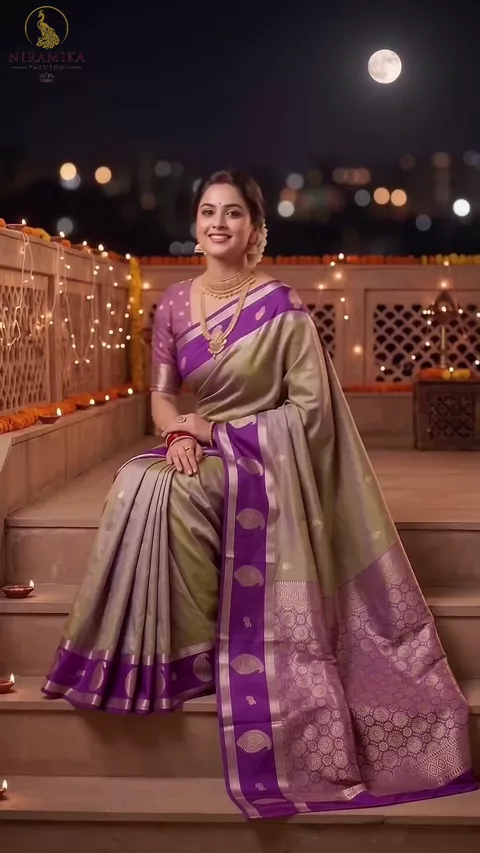 Olive Silver Tissue-Style Silk Saree with Deep Purple Zari Border & Paisley Butta