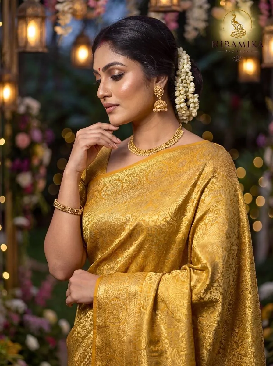 Golden Mustard Dharmavaram Silk Saree with All-Over Gold Zari Floral Jaal Golden Mustard Silk Sarees saree by Niramika Fashion - image 4