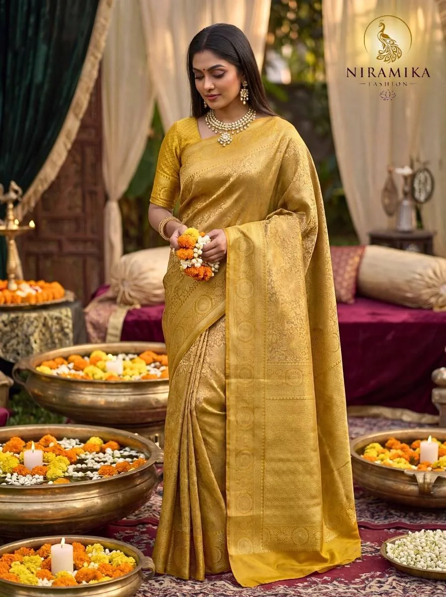 Turmeric Yellow Dharmavaram Silk Saree with All-Over Gold Zari Floral Jaal Turmeric Yellow Silk Sarees saree by Niramika Fashion
