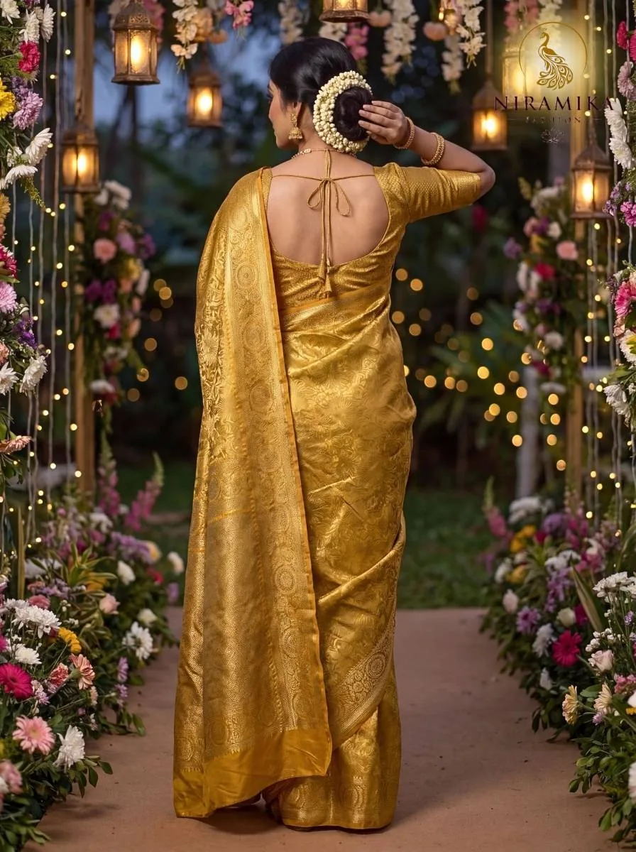 Golden Mustard Dharmavaram Silk Saree with All-Over Gold Zari Floral Jaal Golden Mustard Silk Sarees saree by Niramika Fashion - image 3