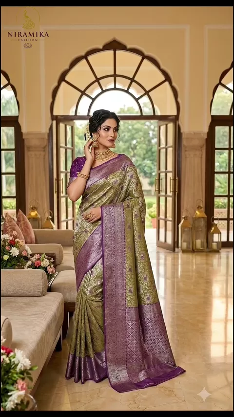 Dharmavaram Silk Saree in Olive Green with Purple Zari Border & Paisley Pallu