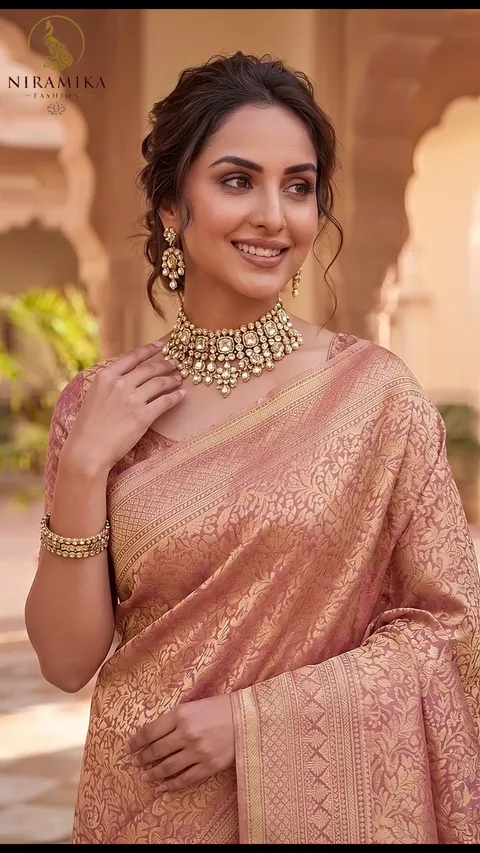 Dharmavaram Silk Saree in Dusty Rose Pink with All-Over Gold Zari Floral Jaal | Nirmika Fashion