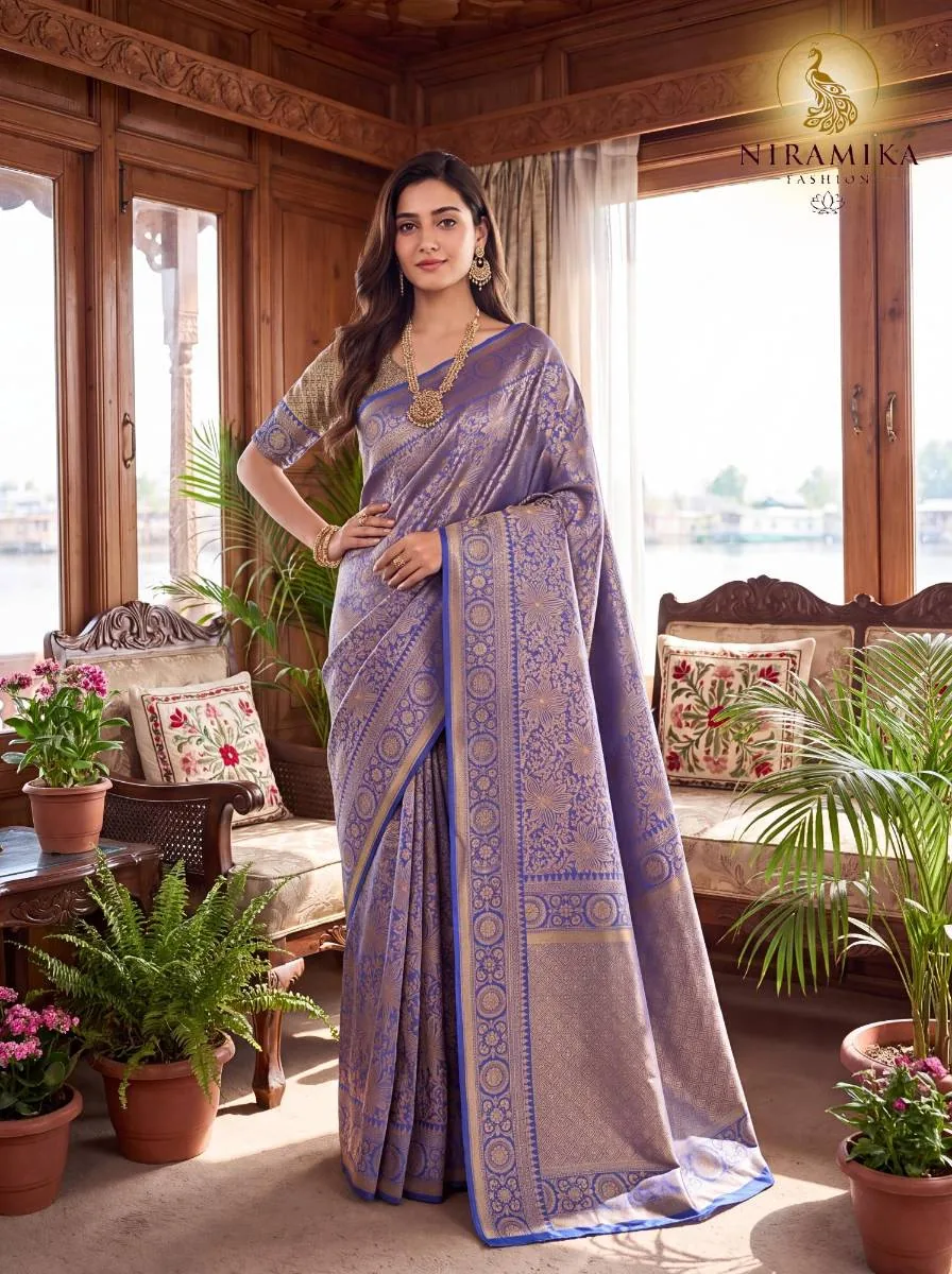 Periwinkle Blue Dharmavaram Silk Saree with All-Over Gold Zari Floral Jaal Periwinkle Blue Silk Sarees saree by Niramika Fashion