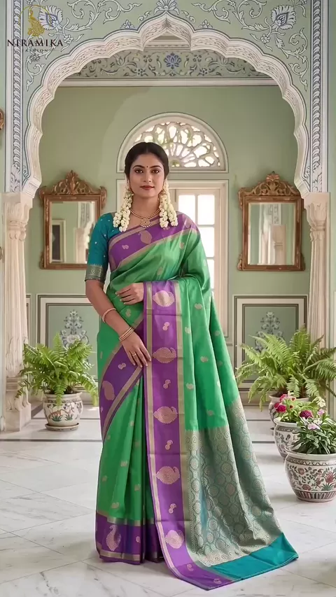 Emerald Green Silk Saree with Purple Zari Border, Teal Pallu & Paisley Butta