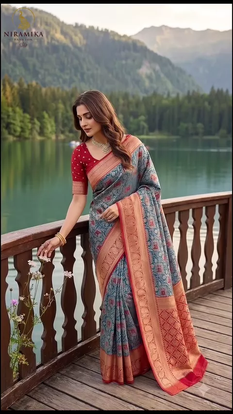 Steel Blue & Red Dharmavaram Silk Saree with Paisley Pallu and Red Blouse