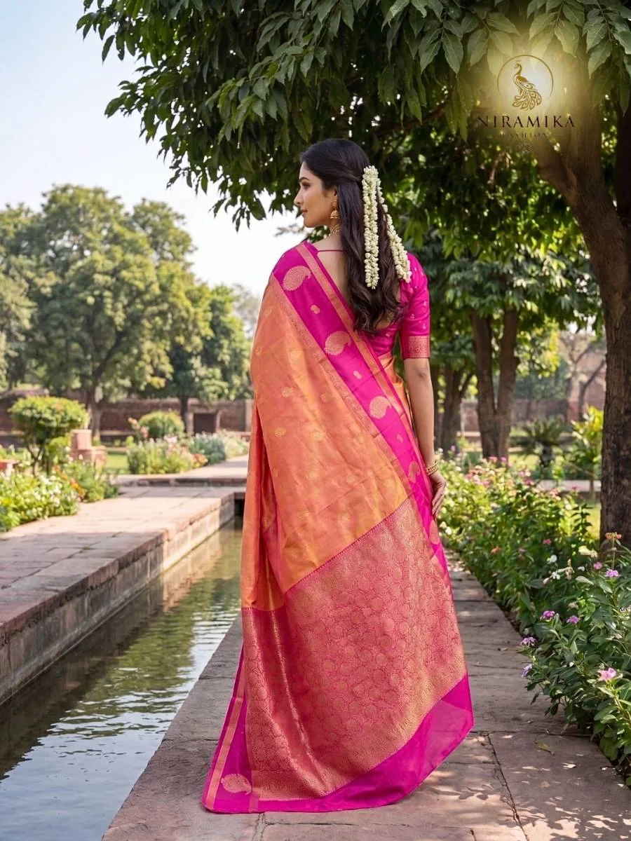 Peach Orange Silk Saree with Magenta Pink Zari Border & Paisley Butta Peach Orange Silk Sarees saree by Niramika Fashion - image 2