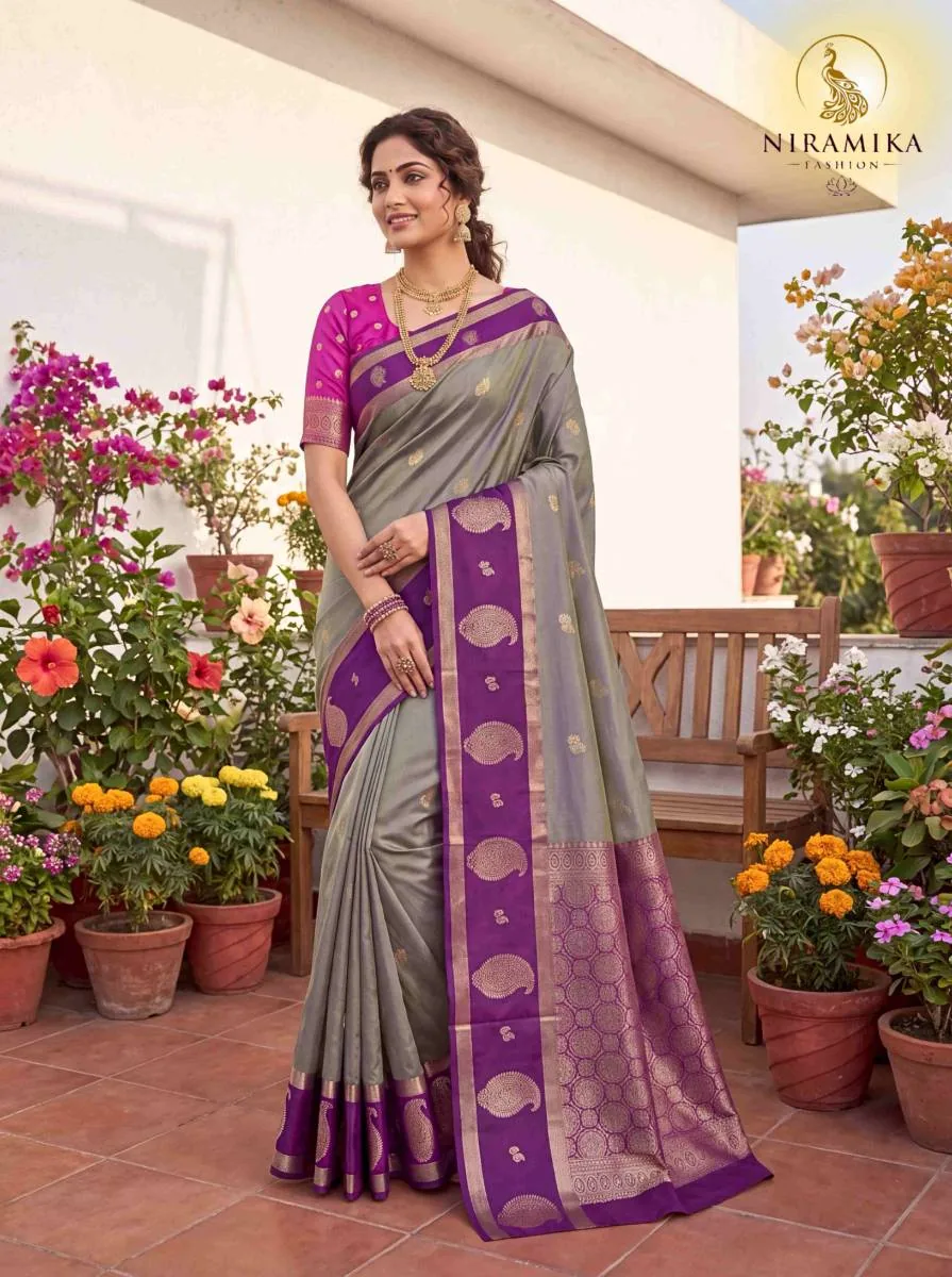 Steel Grey Dual Tone Silk Saree with Deep Purple Zari Border & Magenta Blouse Steel Grey Silk Sarees saree by Niramika Fashion