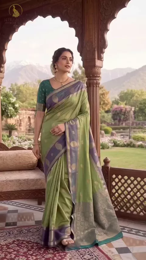 Pista Green Dual Tone Silk Saree with Slate Purple Zari Border & Teal Blouse