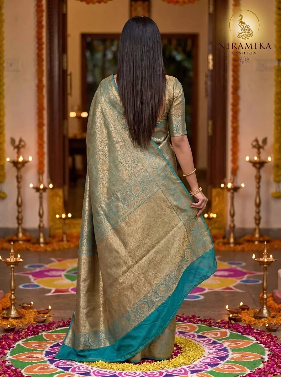 Peacock Teal Dharmavaram Silk Saree with All-Over Gold Zari Floral Jaal Peacock Teal Silk Sarees saree by Niramika Fashion - image 4