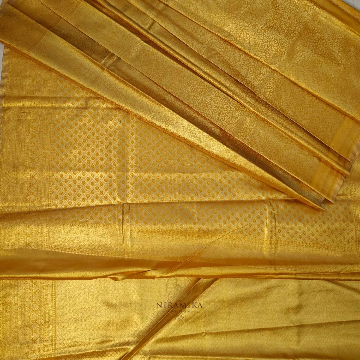 Dharmavaram Silk Saree in Mustard Yellow with All-Over Gold Zari Floral Jaal | Nirmika Fashion Mustard Yellow Silk Sarees saree by Niramika Fashion
