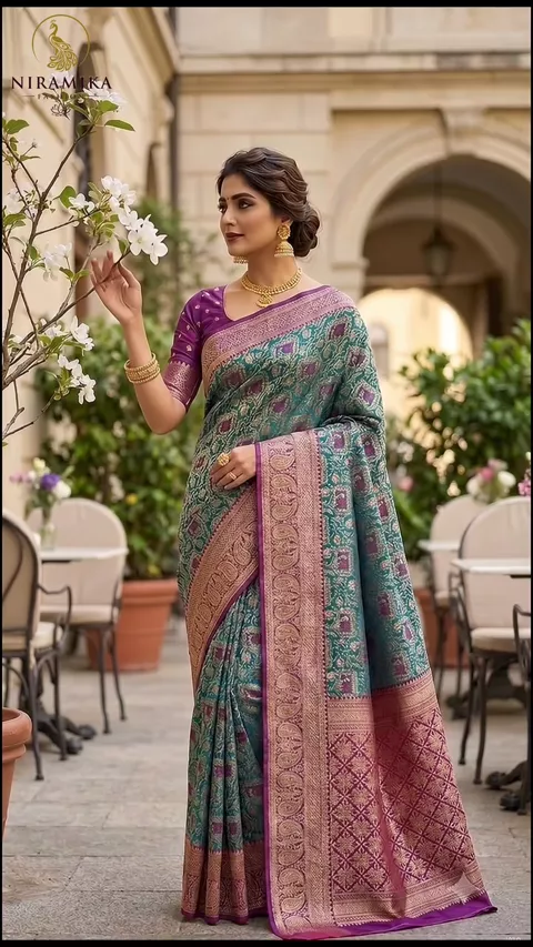 Teal Blue & Purple Dharmavaram Silk Saree with Paisley Pallu and Purple Blouse