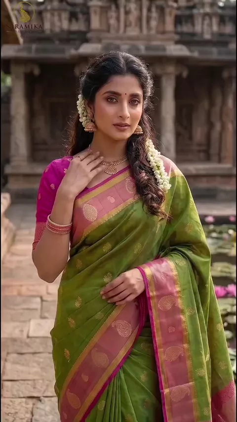Olive Green Silk Saree with Magenta Pink Zari Border & Temple Pallu