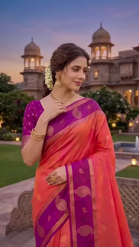Coral Orange Silk Saree with Purple Magenta Zari Border & Paisley Butta
