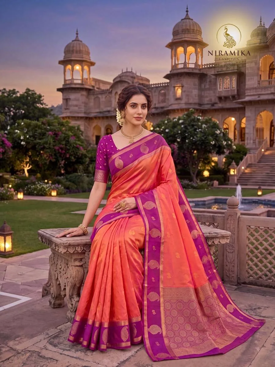 Coral Orange Silk Saree with Purple Magenta Zari Border & Paisley Butta Coral Orange Silk Sarees saree by Niramika Fashion - image 3