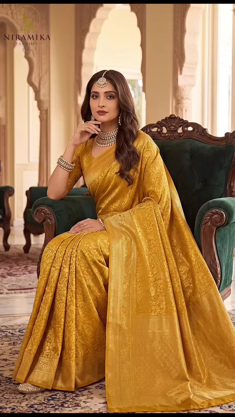 Dharmavaram Silk Saree in Golden Mustard with All-Over Tone-on-Tone Zari Floral Jaal | Nirmika Fashion