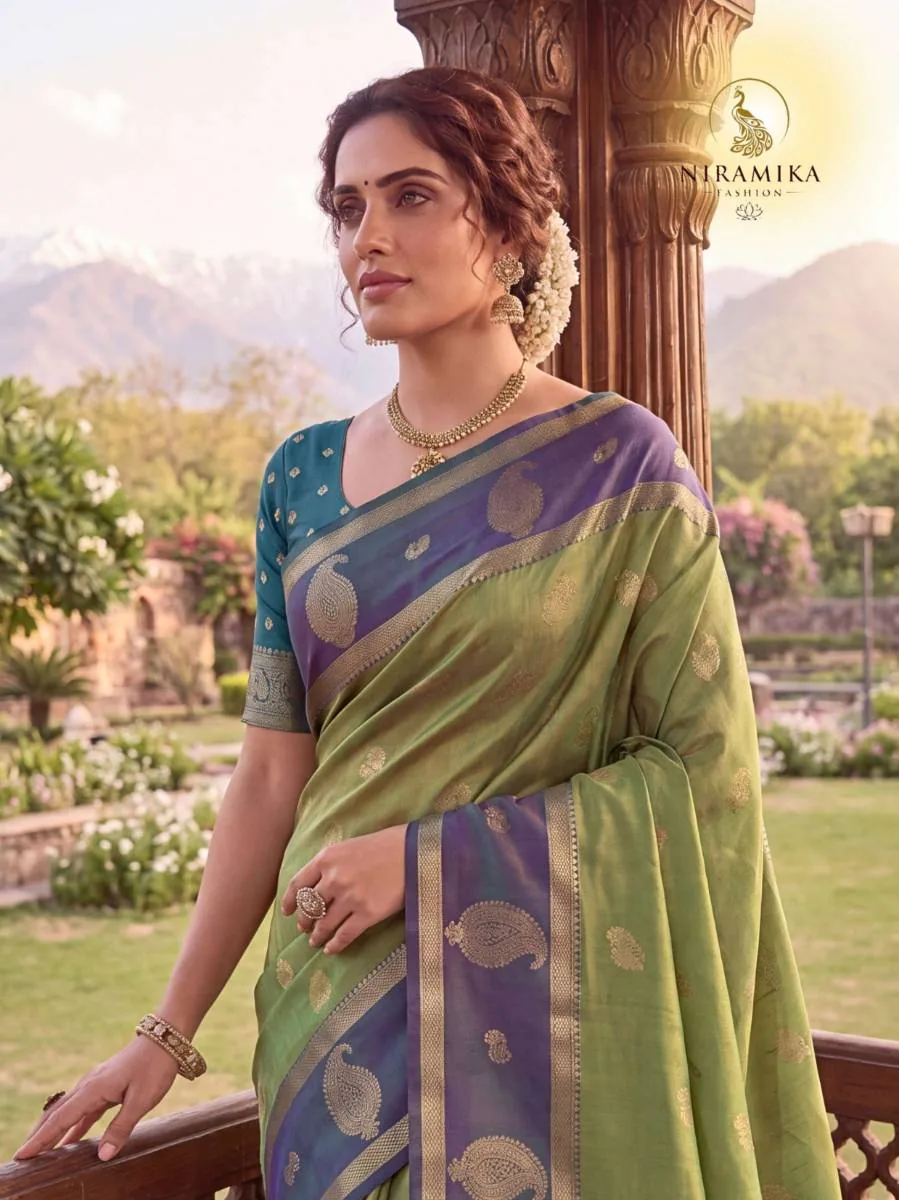 Pista Green Dual Tone Silk Saree with Slate Purple Zari Border & Teal Blouse Pista Green Silk Sarees saree by Niramika Fashion - image 3