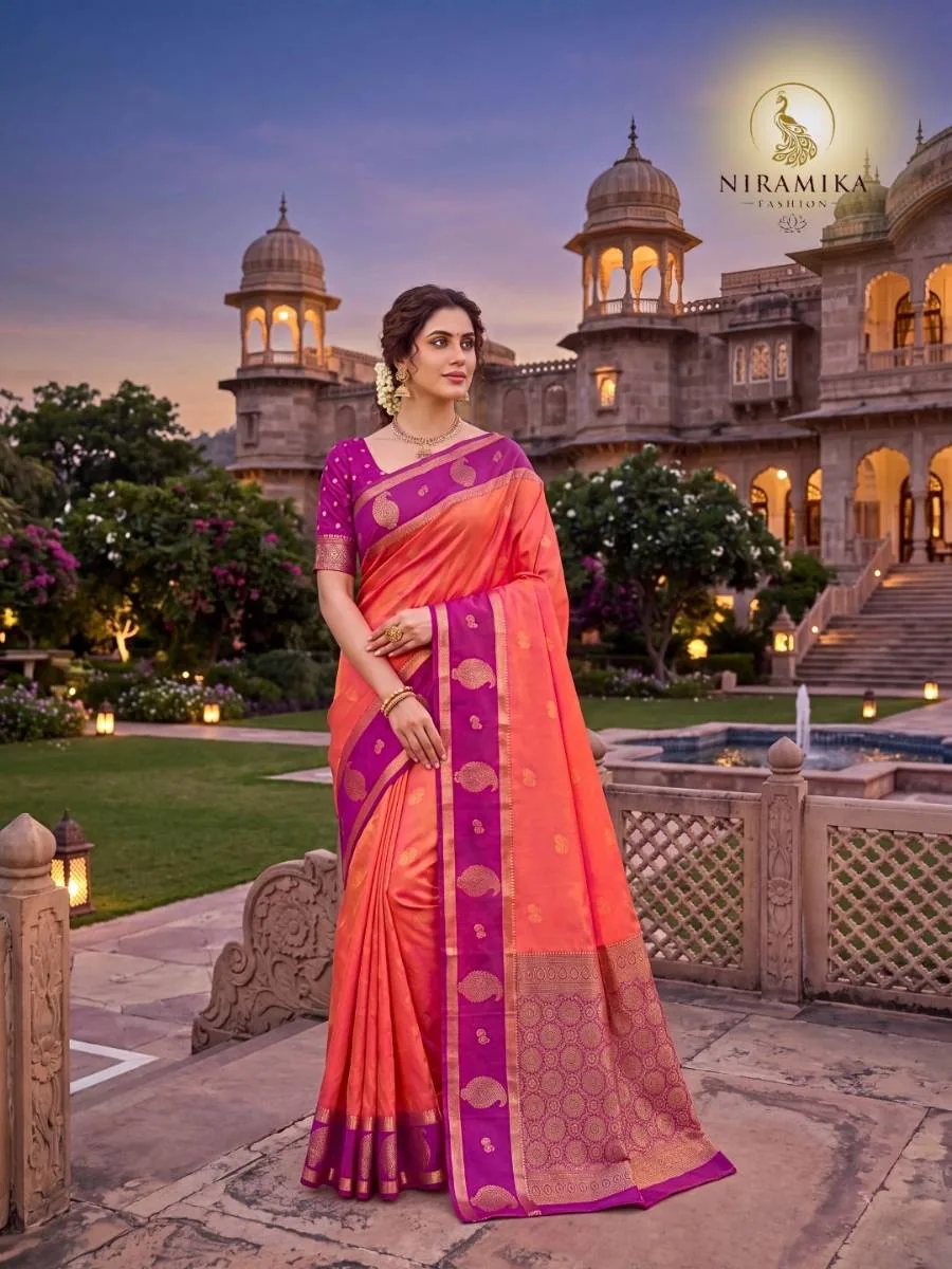 Coral Orange Silk Saree with Purple Magenta Zari Border & Paisley Butta Coral Orange Silk Sarees saree by Niramika Fashion