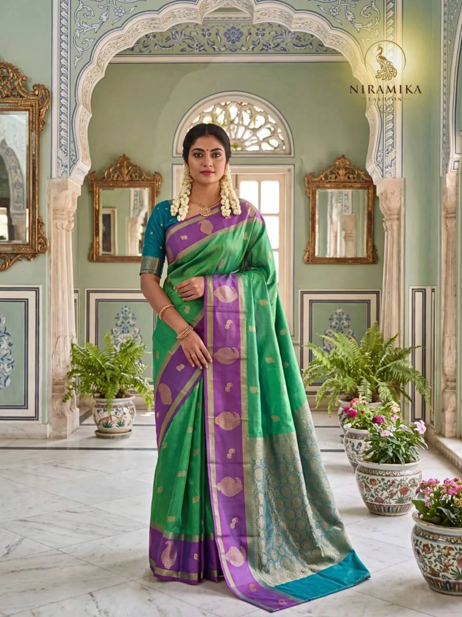 Emerald Green Silk Saree with Purple Zari Border, Teal Pallu & Paisley Butta Emerald Green Silk Sarees saree by Niramika Fashion