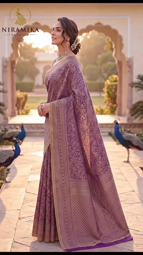 Dharmavaram Silk Saree in Royal Purple with All-Over Gold Zari Floral Jaal | Nirmika Fashion