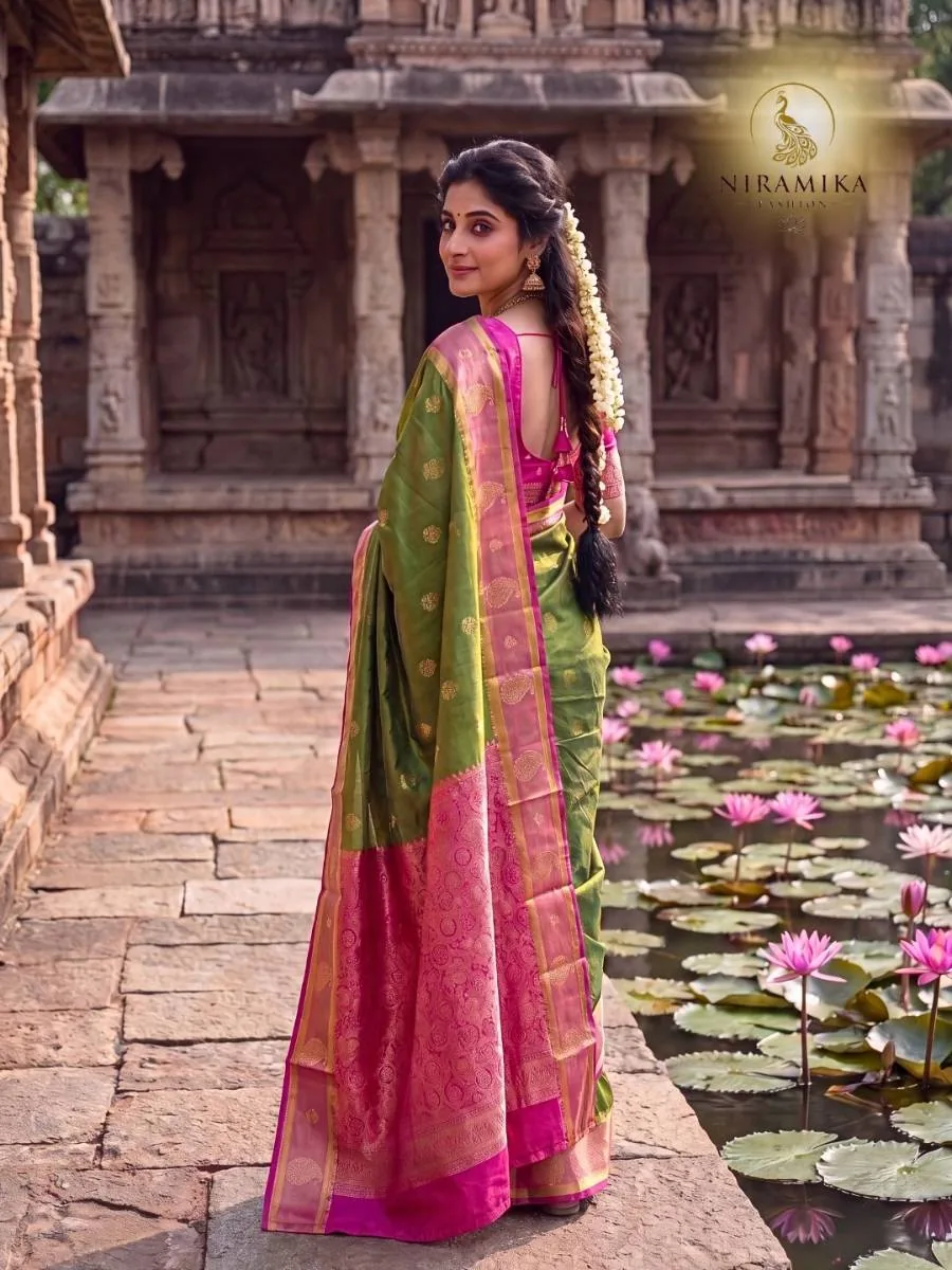 Olive Green Silk Saree with Magenta Pink Zari Border & Temple Pallu Olive Green Silk Sarees saree by Niramika Fashion