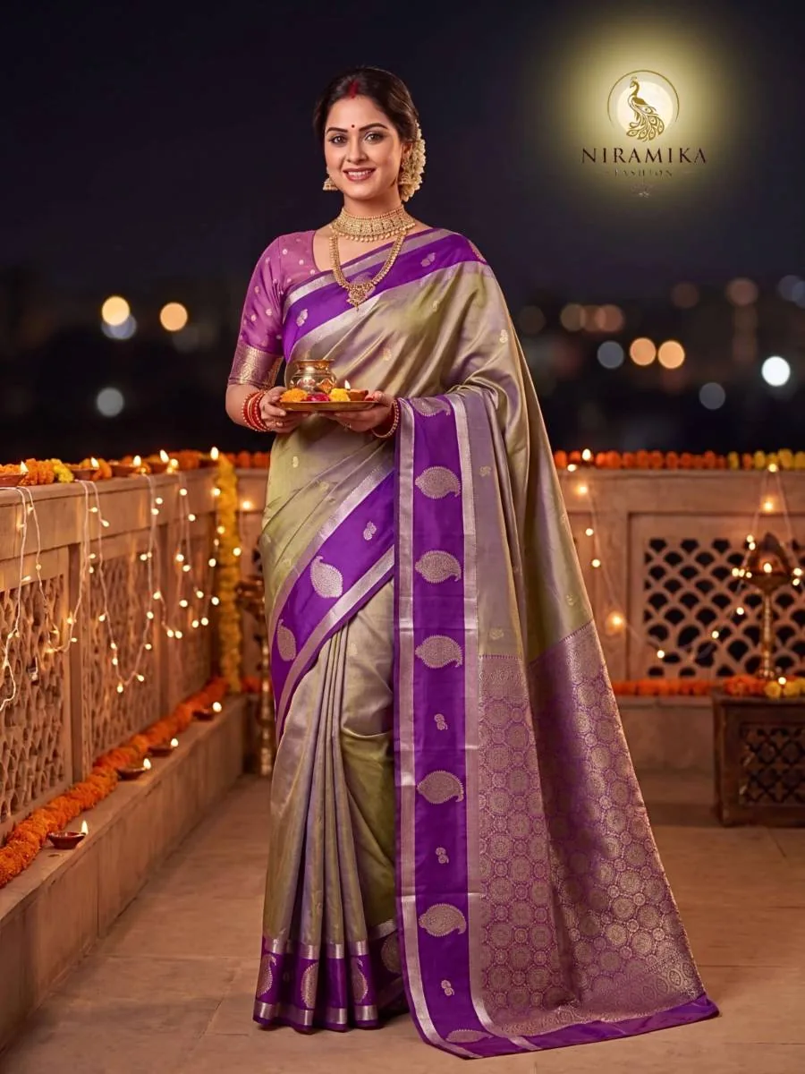 Olive Silver Tissue-Style Silk Saree with Deep Purple Zari Border & Paisley Butta Olive Silver Silk Sarees saree by Niramika Fashion