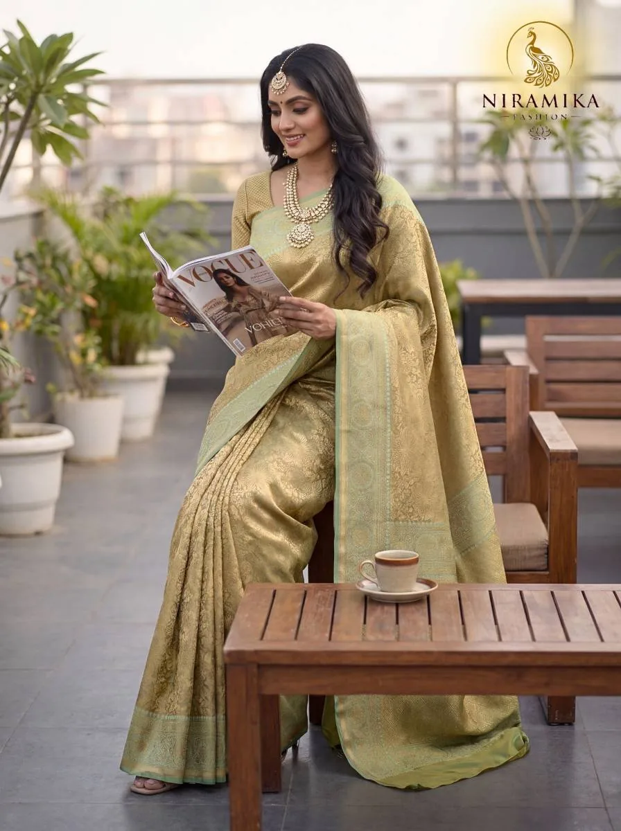 Pista Green Dharmavaram Silk Saree with All-Over Antique Gold Zari Floral Jaal Pista Green Silk Sarees saree by Niramika Fashion - image 4