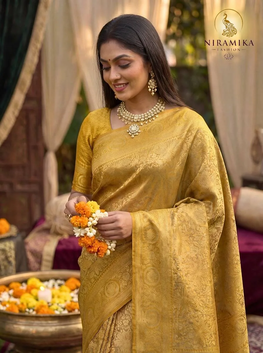 Turmeric Yellow Dharmavaram Silk Saree with All-Over Gold Zari Floral Jaal Turmeric Yellow Silk Sarees saree by Niramika Fashion - image 4