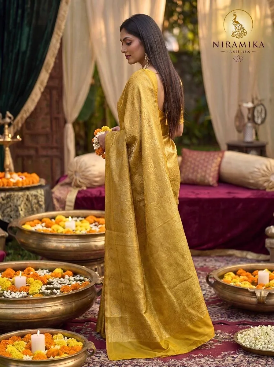 Turmeric Yellow Dharmavaram Silk Saree with All-Over Gold Zari Floral Jaal Turmeric Yellow Silk Sarees saree by Niramika Fashion - image 2