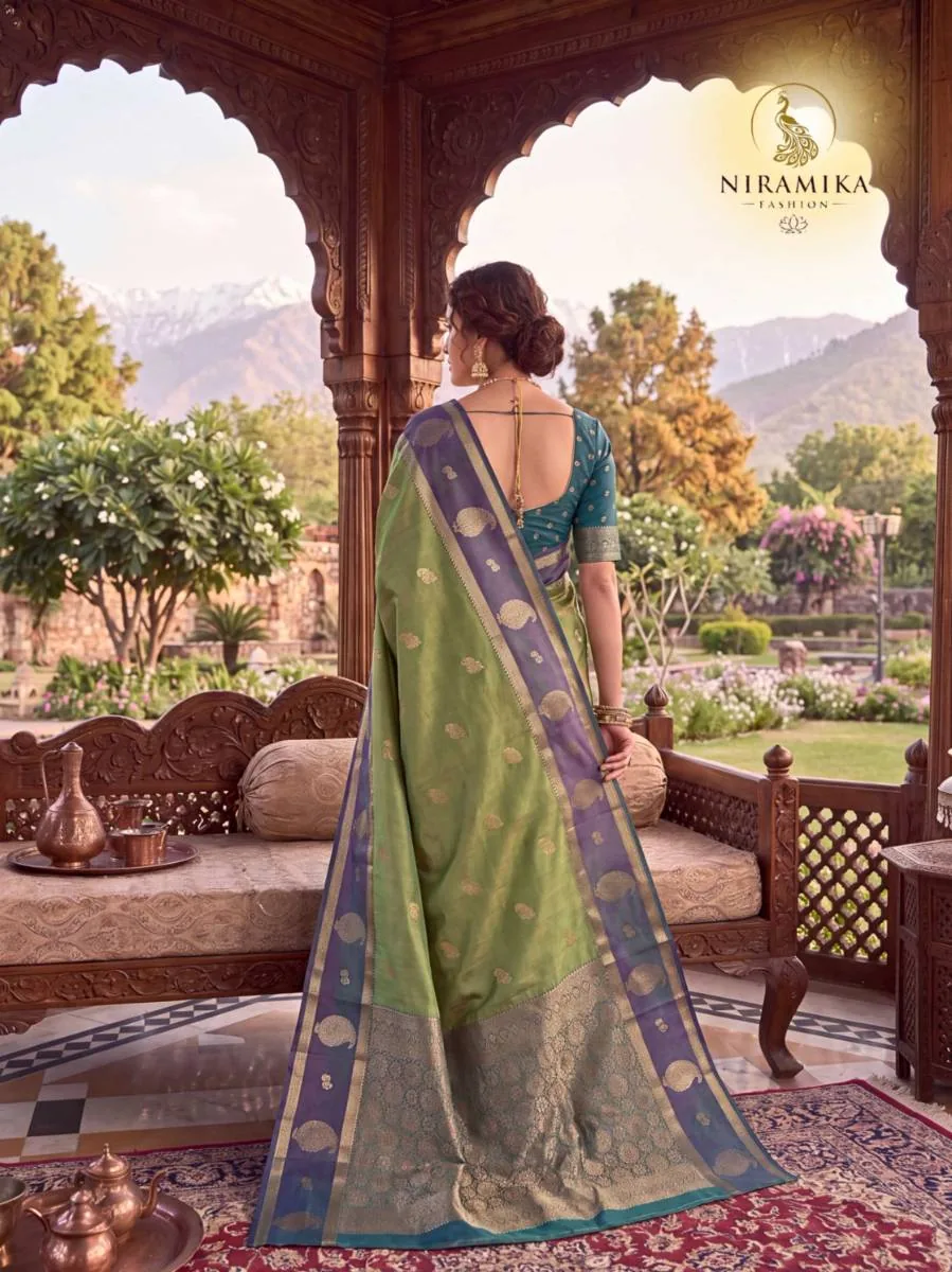 Pista Green Dual Tone Silk Saree with Slate Purple Zari Border & Teal Blouse Pista Green Silk Sarees saree by Niramika Fashion - image 4