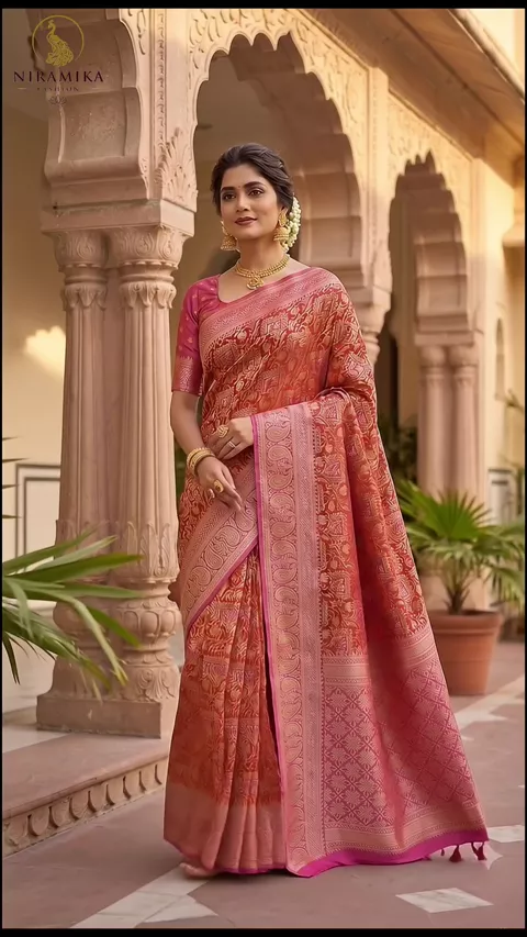 Red & Pink Dharmavaram Silk Saree with Paisley Pallu and Pink Blouse