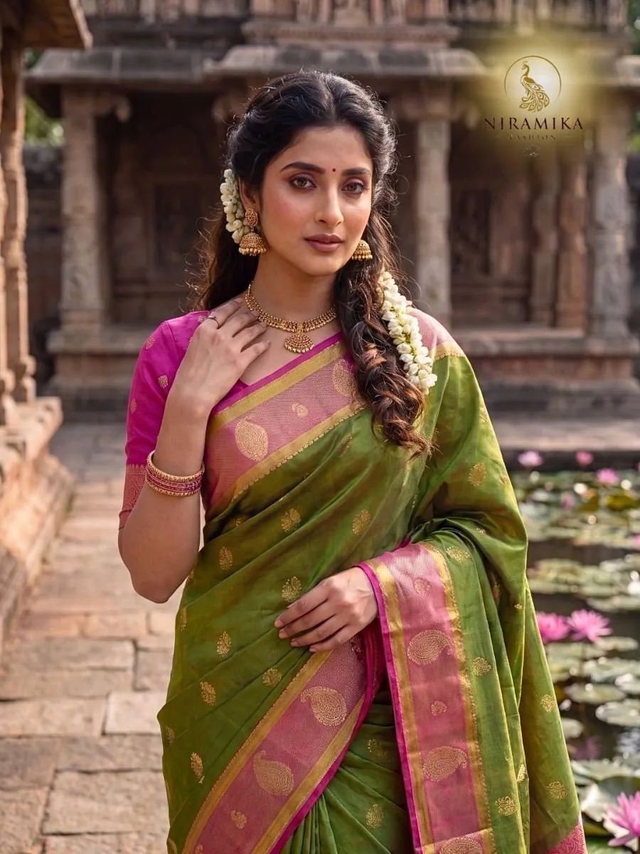 Olive Green Silk Saree with Magenta Pink Zari Border & Temple Pallu Olive Green Silk Sarees saree by Niramika Fashion - image 3
