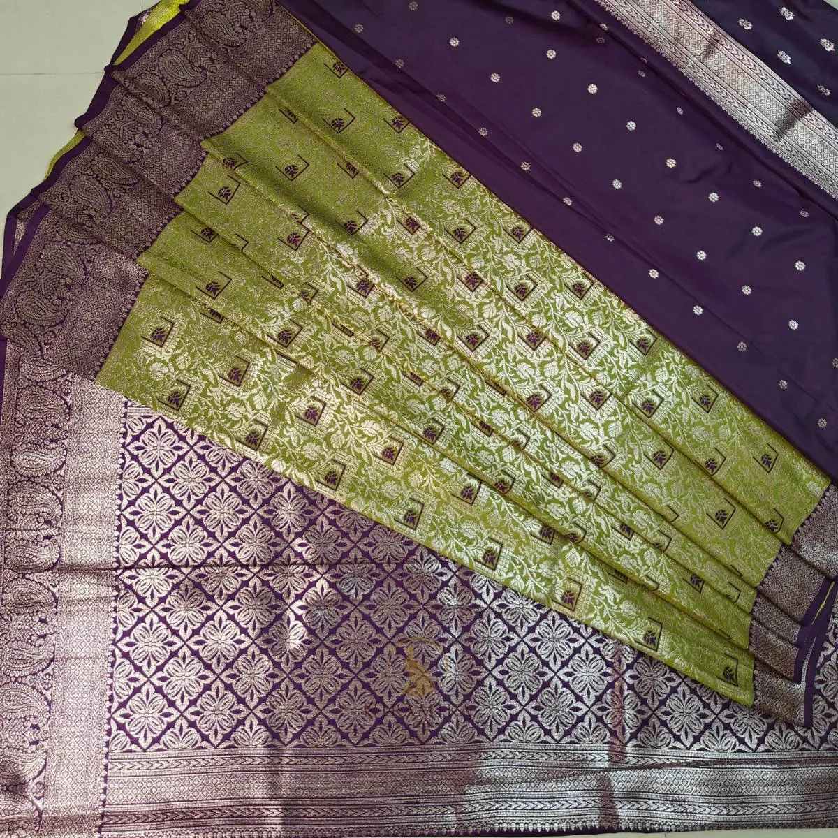 Dharmavaram Silk Saree in Olive Green with Purple Zari Border & Paisley Pallu Olive Green Silk Sarees saree by Niramika Fashion
