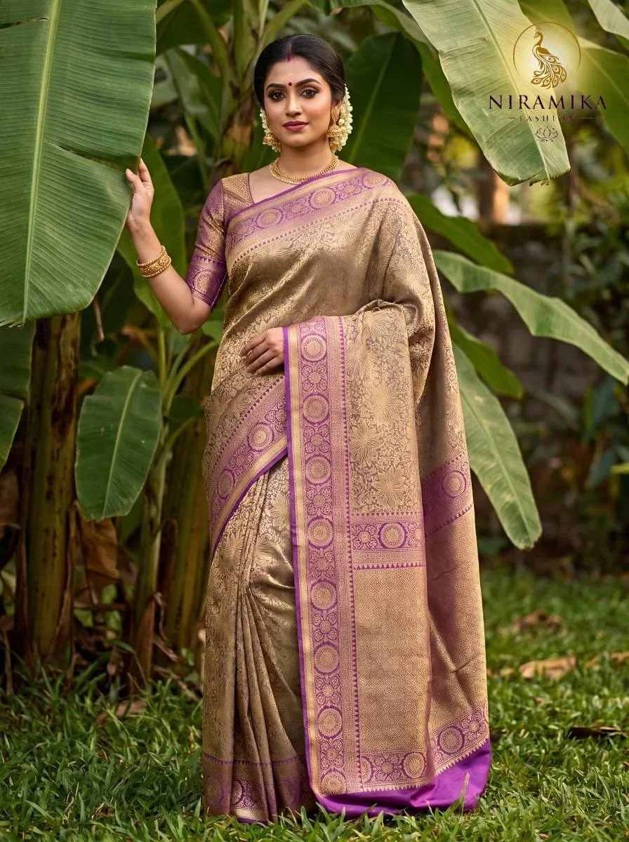 Royal Grape Dharmavaram Pure Silk Kanjivaram-Style Saree with Antique Gold Zari Floral Jaal Royal Grape Silk Sarees saree by Niramika Fashion