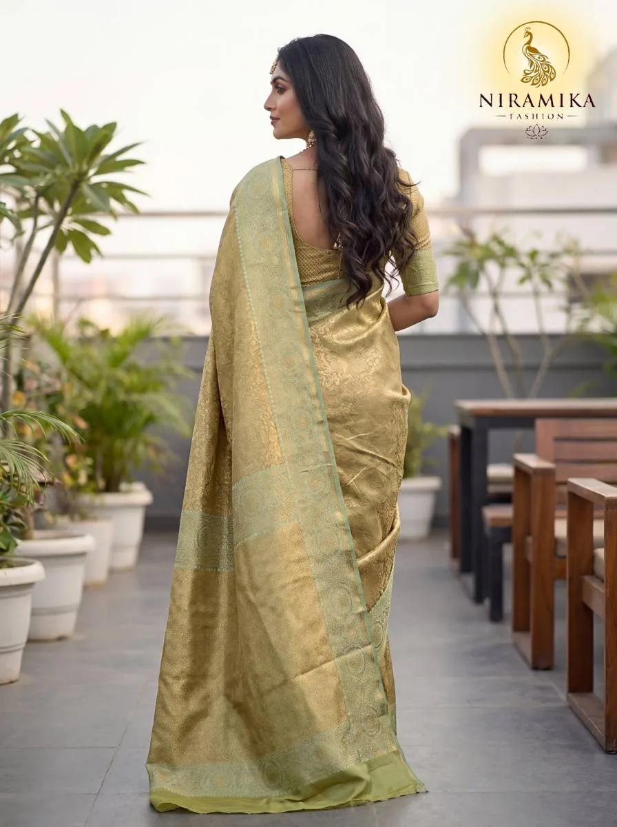 Pista Green Dharmavaram Silk Saree with All-Over Antique Gold Zari Floral Jaal Pista Green Silk Sarees saree by Niramika Fashion - image 2
