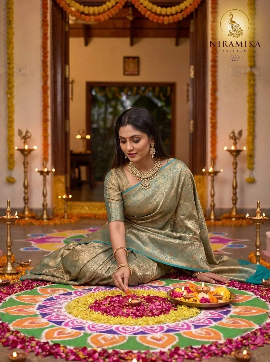 Peacock Teal Dharmavaram Silk Saree with All-Over Gold Zari Floral Jaal Peacock Teal Silk Sarees saree by Niramika Fashion - image 2
