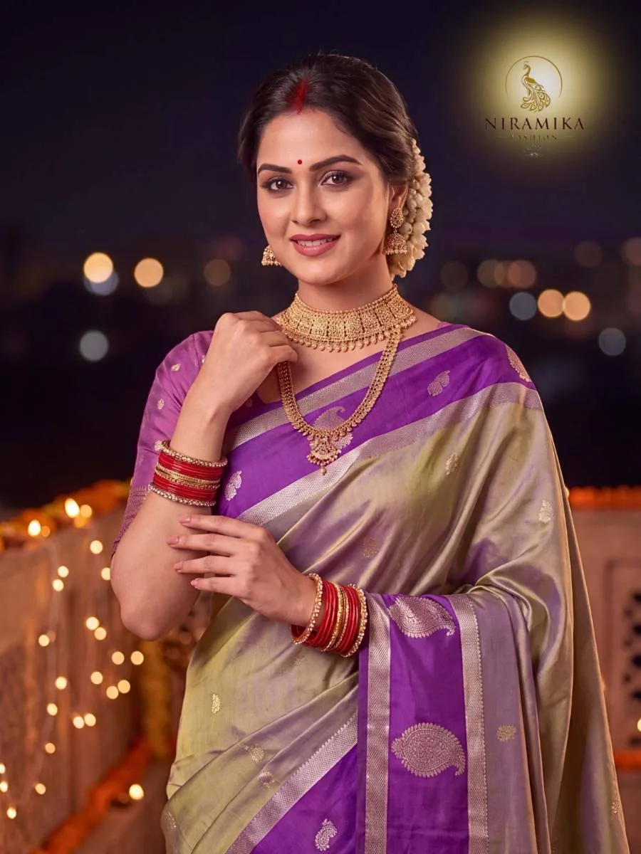 Olive Silver Tissue-Style Silk Saree with Deep Purple Zari Border & Paisley Butta Olive Silver Silk Sarees saree by Niramika Fashion - image 3